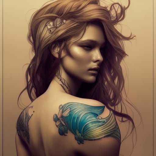Mermaid Portrait with Tattoo in Hyperdetailed Style