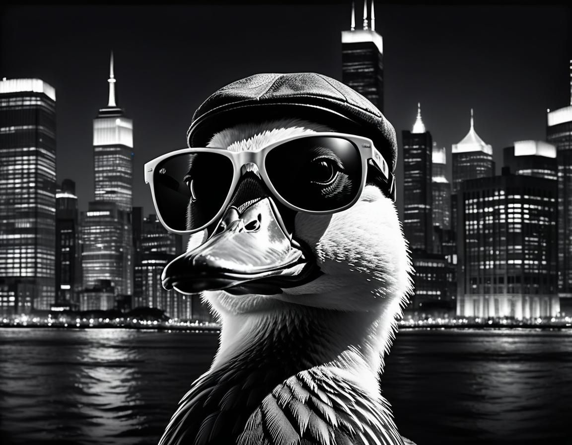 Duck Portrait with City Skyline in Charcoal Style
