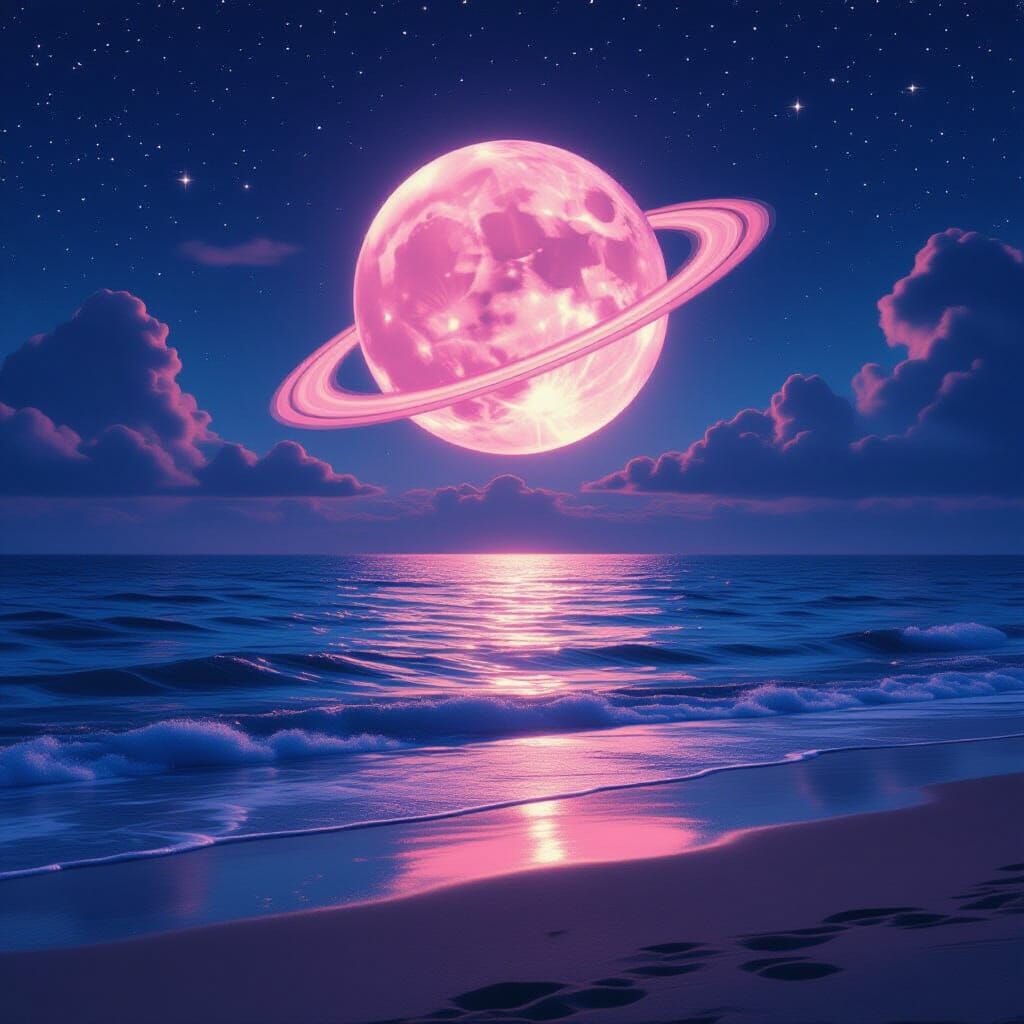 Pink Moon Over Starry Night Beach Scene