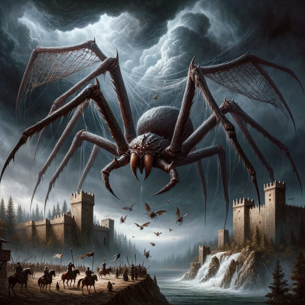 Giant Spider Attacks Castle in Dark Fantasy