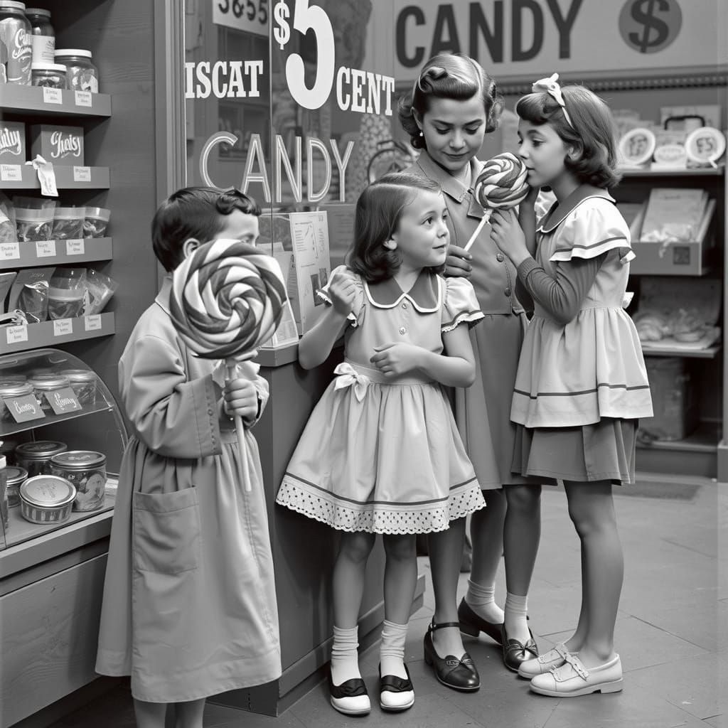 Vintage Children Enjoying 5 Cent Candy in a Classic Candy St...