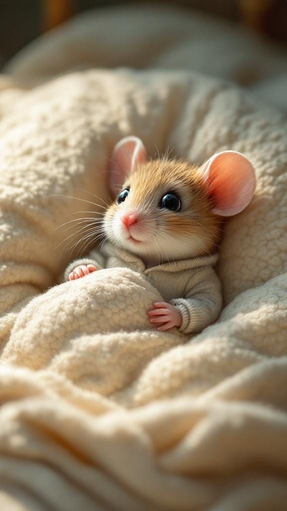 Mouse in Cozy Bed with Teddy Bear