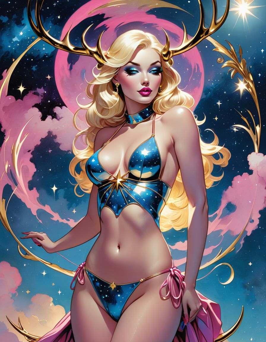 Stag Woman in Pink, Blue and Gold Comic Art