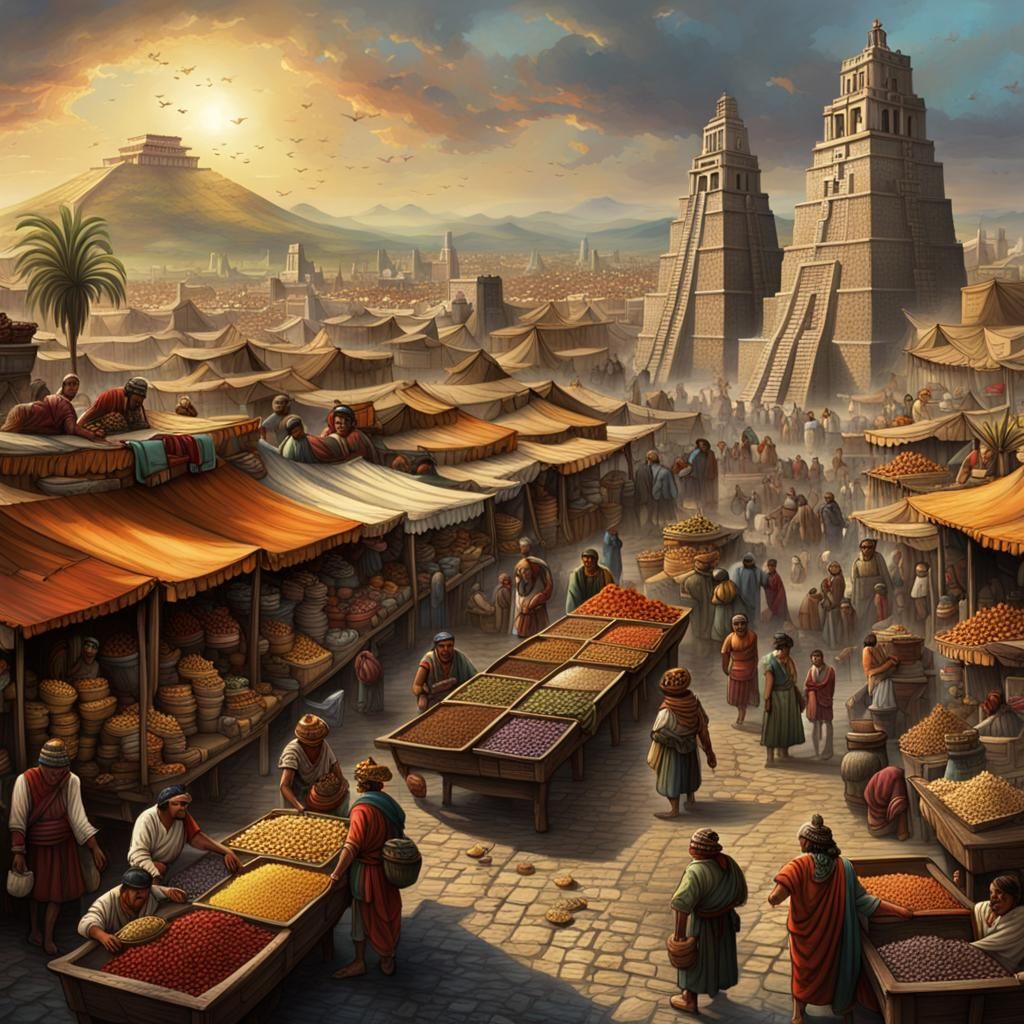 Bustling Aztec Marketplace in Floating City, Detailed Painti...
