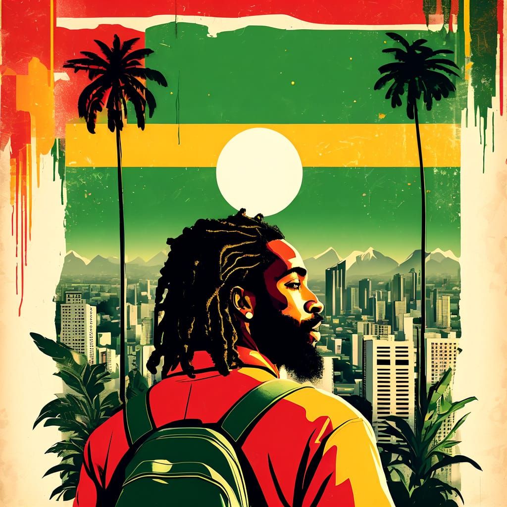Rastafarian Icon in Vibrant Jamaican Cityscape