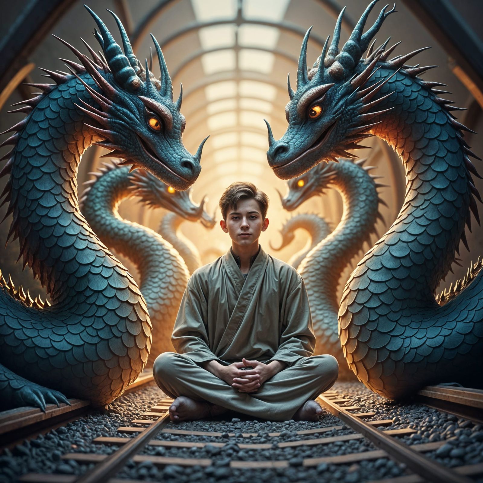 Man Meditating with Dragons on Train Tracks
