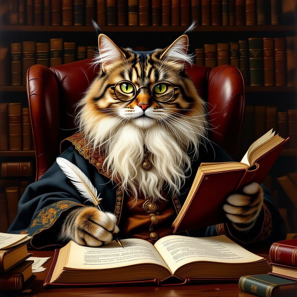 Wise Old Tabby Cat Writing in Study, Painterly Style
