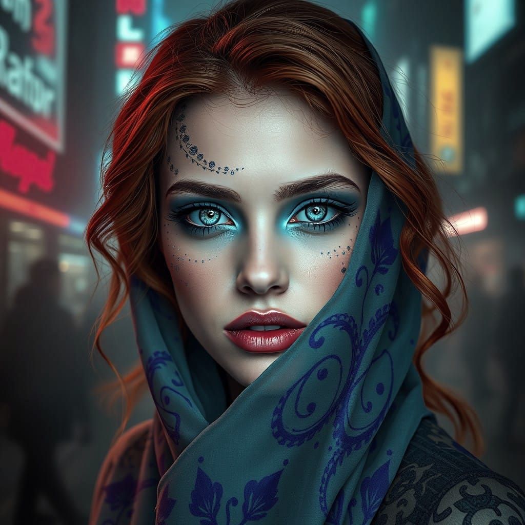 Mystical Red Haired Lady in Cyberpunk Style
