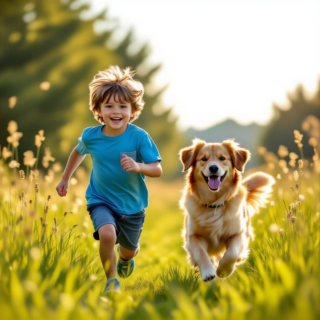 Child and Dog Running in Sunlit Meadow
