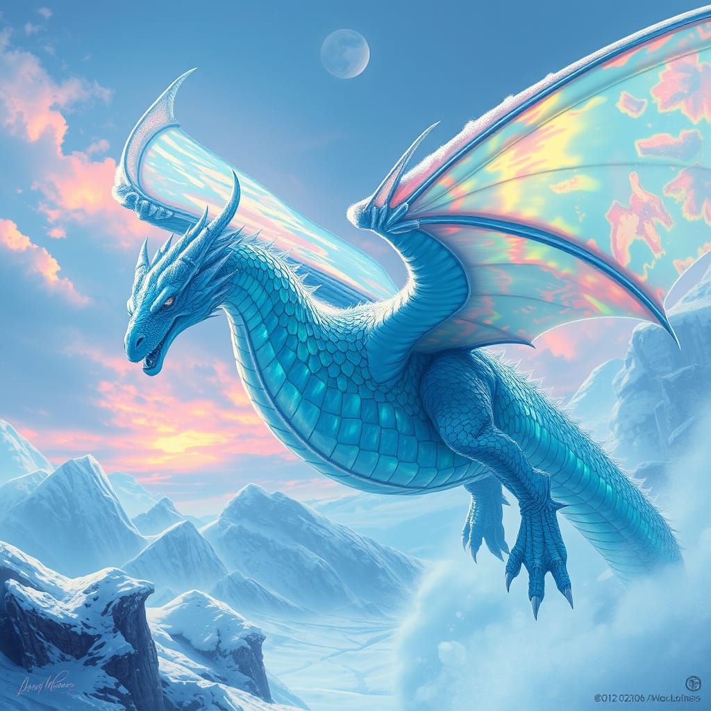 Majestic Ice Dragon Soaring Through Frosty Skies