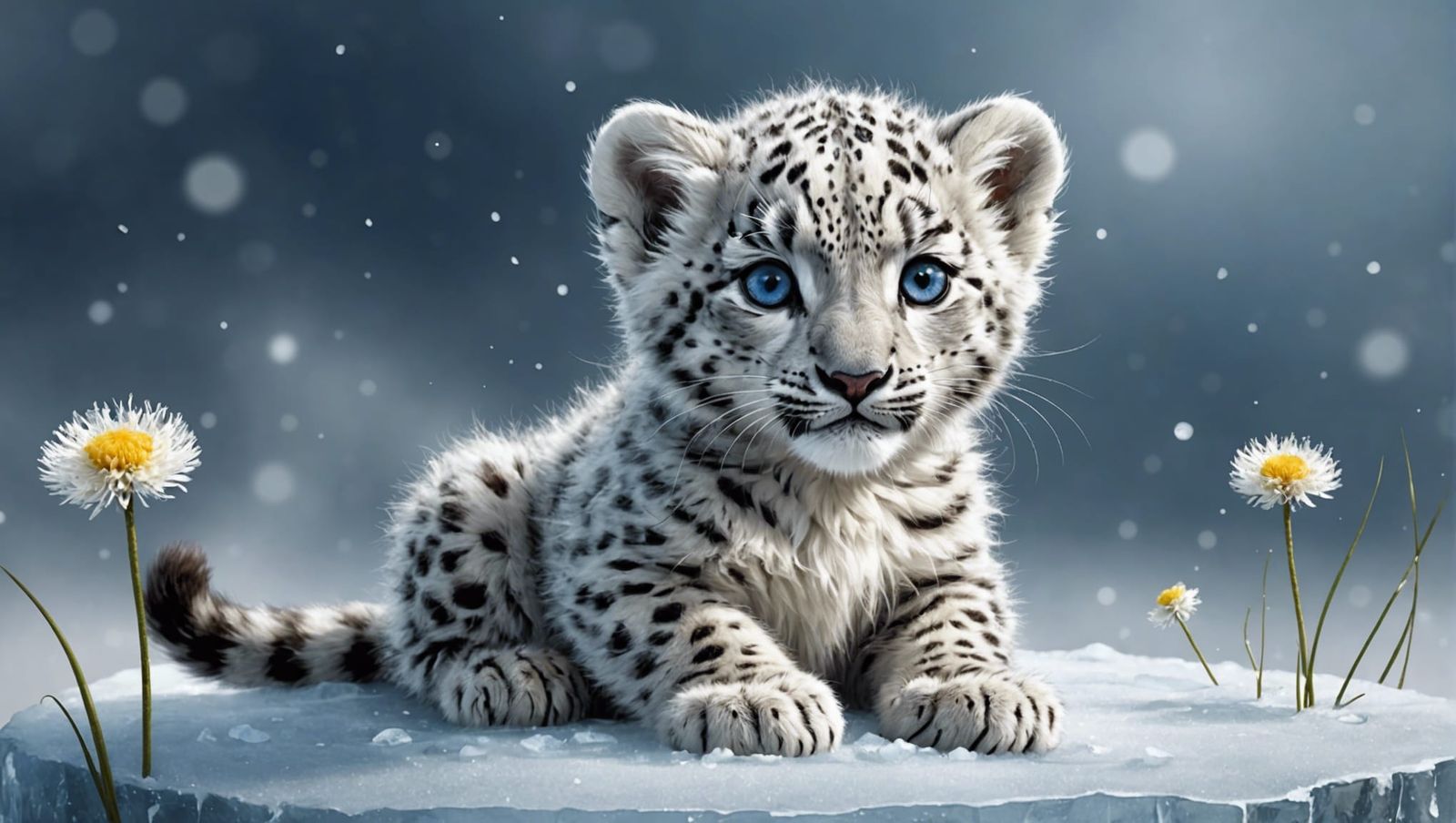Cute White Snow Leopard Cub in Fairy-Tale Style