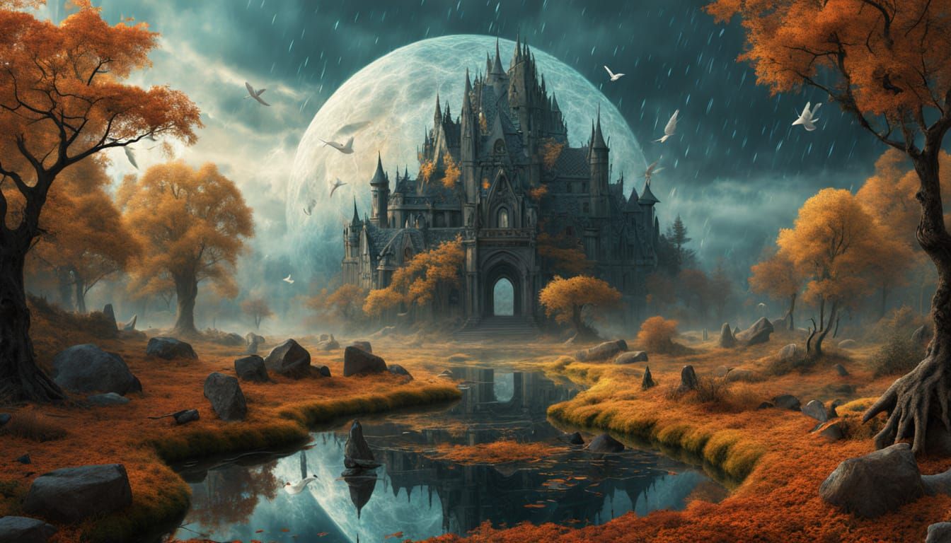 Mystical Woman in Luminous Autumn Labyrinth