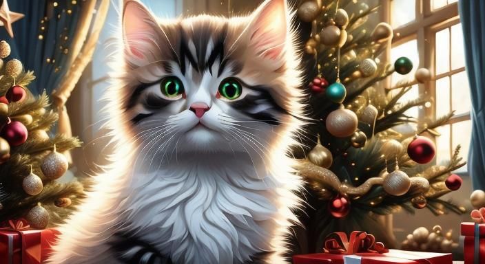 Christmas Maincoon Kitten in Festive Home