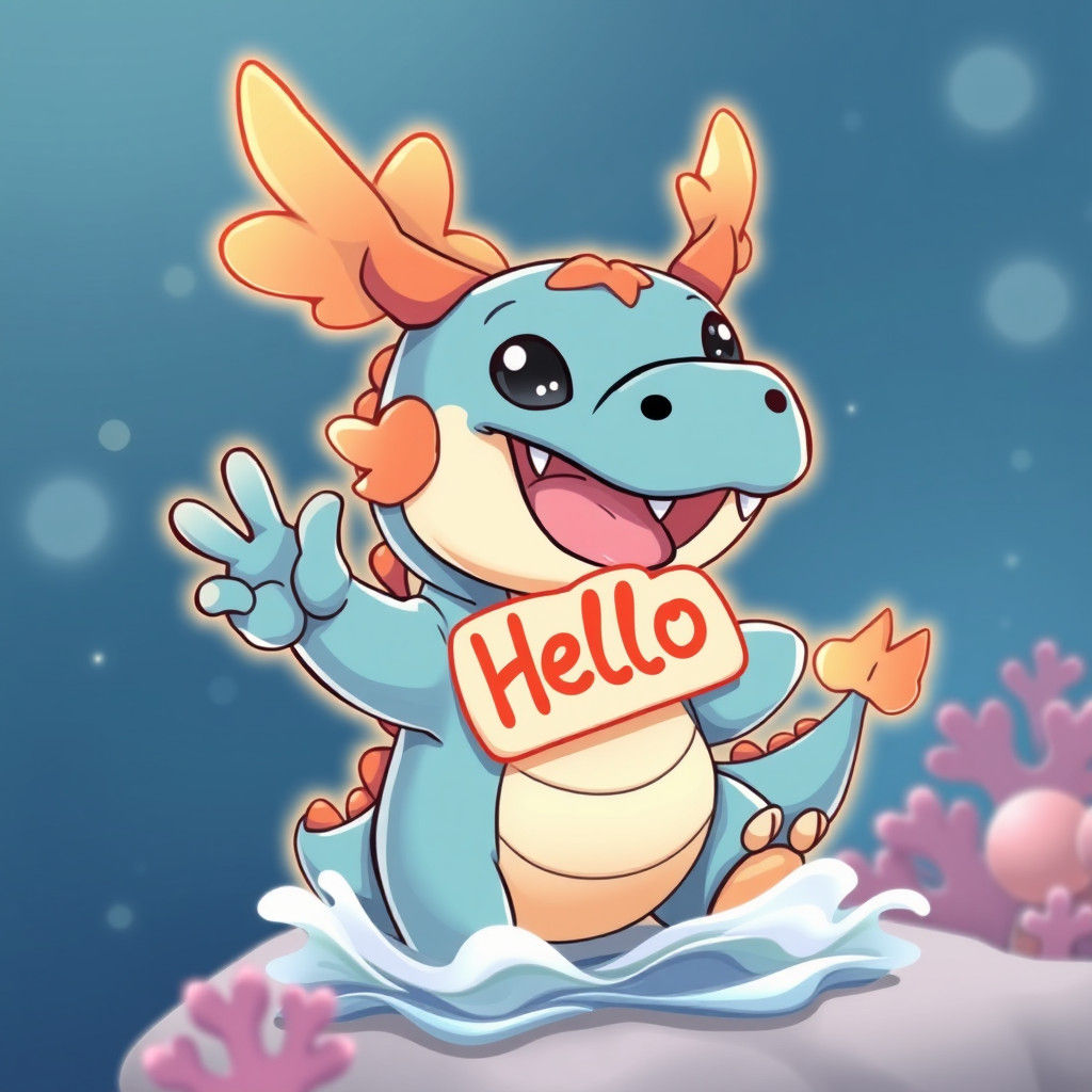 Cute Chibi Ocean Dragon with Hello Sign