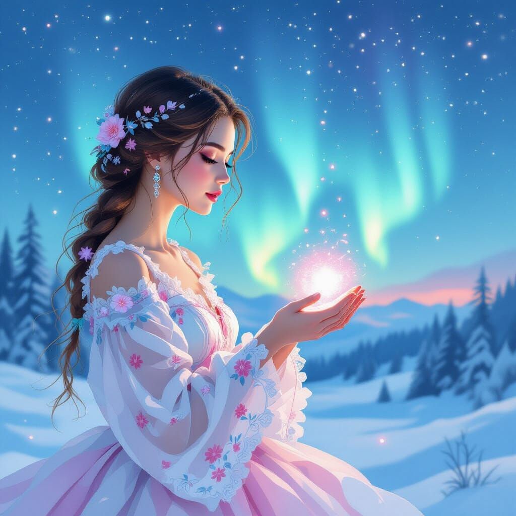 Ukrainian Woman Gazing at Rose-Colored Aurora in Watercolor ...