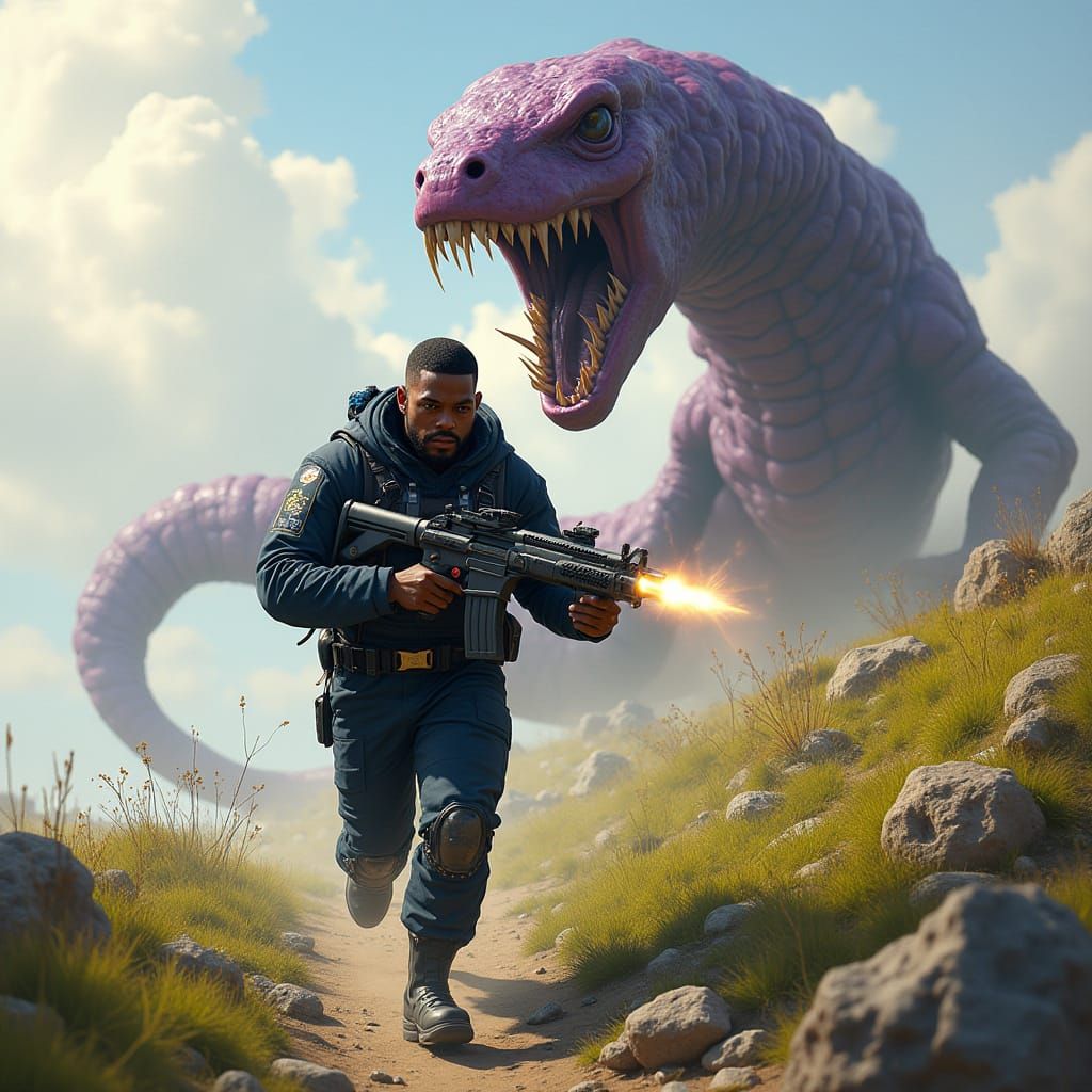 Man in Environmental Suit Fires Blaster on Hill