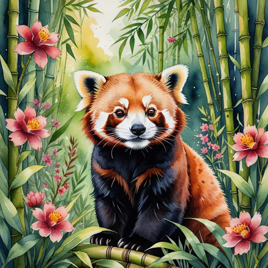 Red Panda in Bamboo Forest Watercolor Illustration