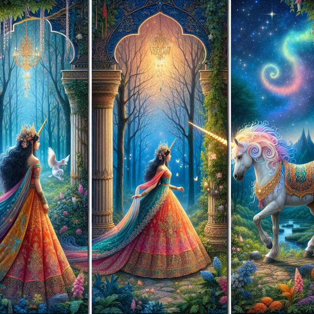 Fantasy Princess and Unicorn Triptych