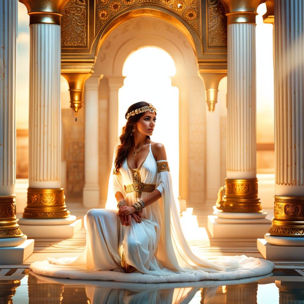 Elegant Mediterranean Woman in Ornate Roman Bath