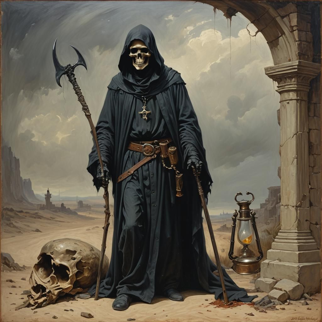 Grim Reaper with Hourglass, Oil Painting