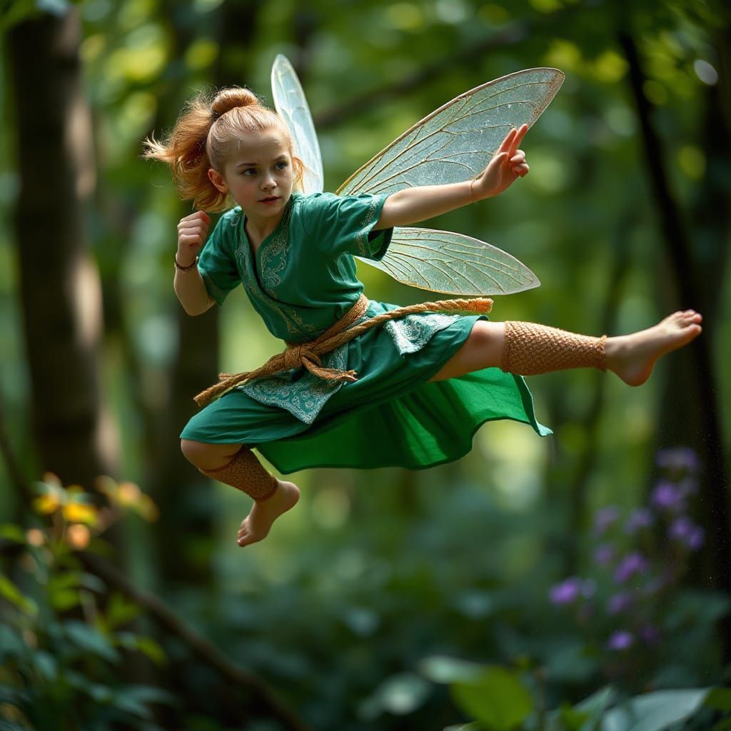 Fierce Fairy Warrior Mid-Air Karate Kick