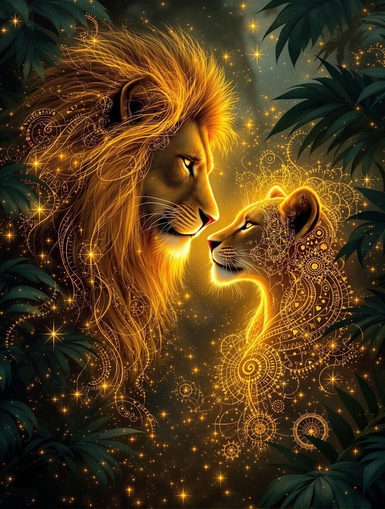 Lions' Tender Gaze in Enchanted Rainforest