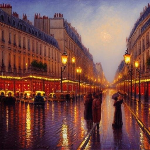 Romantic Paris Evening in Belle Epoque as Oil Painting