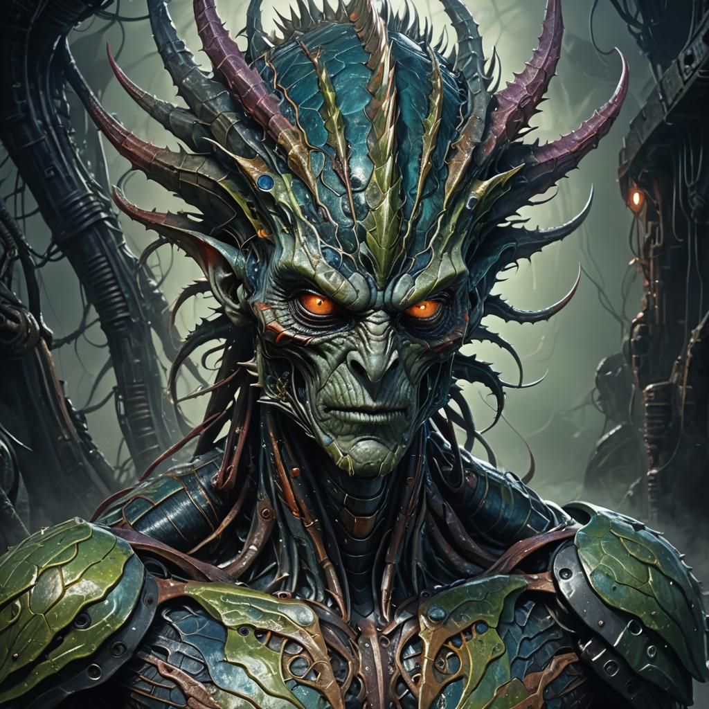 Biomechanical Alien in Vibrant, Dimly Lit Atmosphere