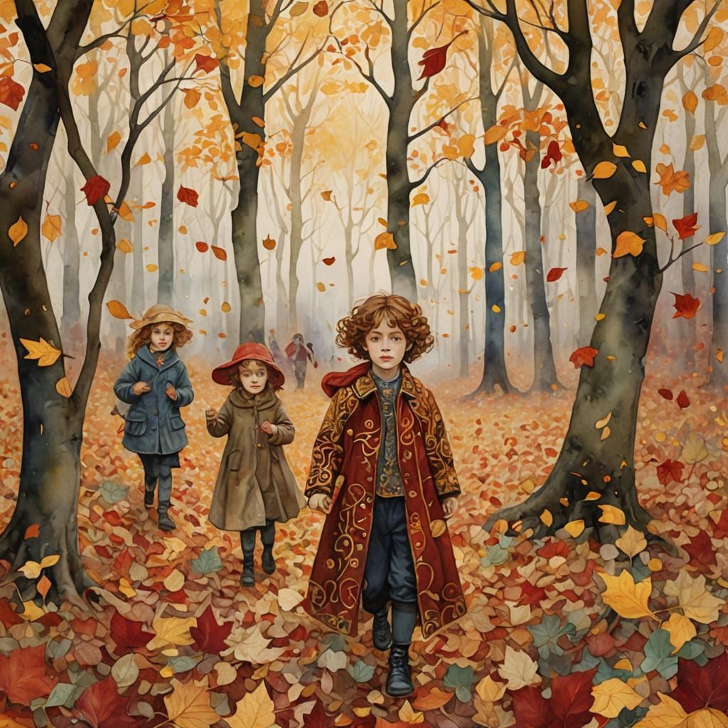 Children Playing in Autumn Leaves, Art Nouveau Style