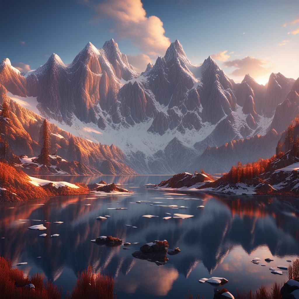 Snowy Mountain Sunset Reflected on Lake