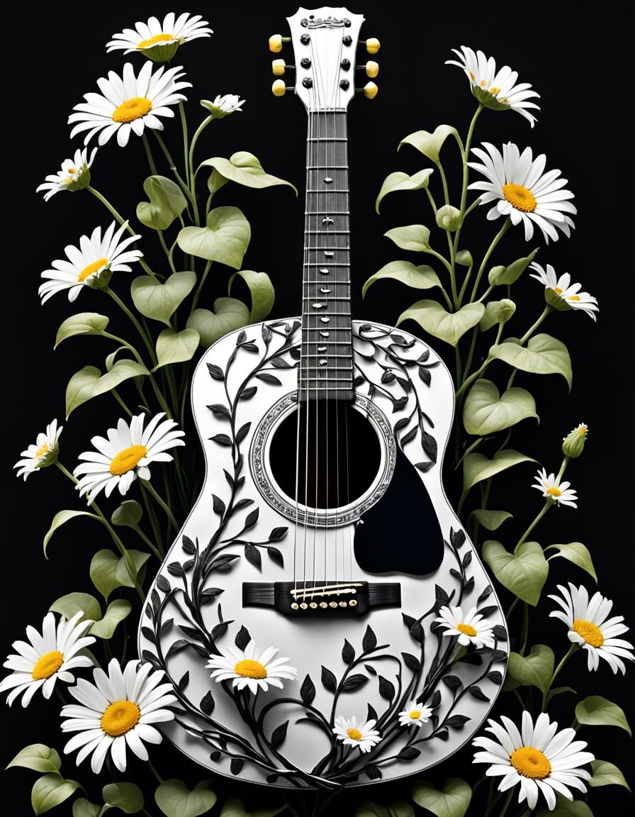 Monochrome Guitar Enmeshed in Daisy Vines