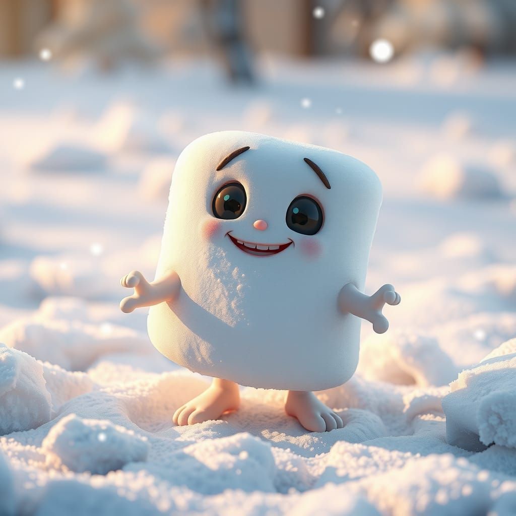 Iced Marshmallow Cartoon Character in Snowy Scene