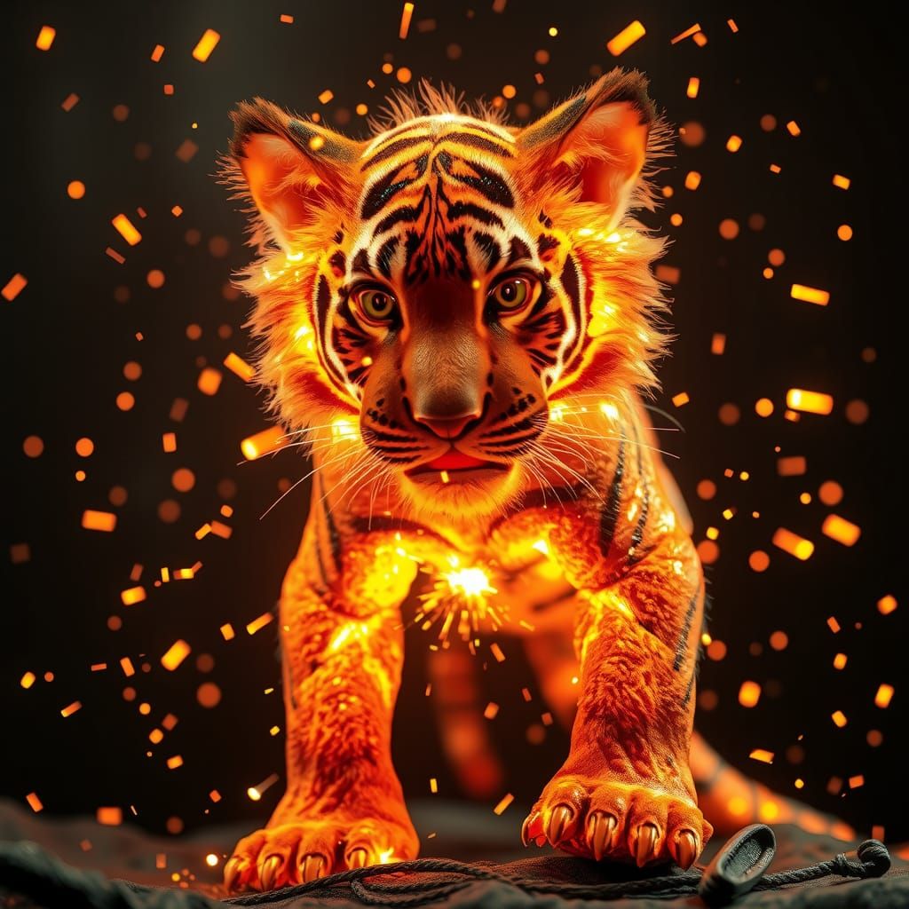 Fiery Molten Metal Tiger Cub in 3D Rendering