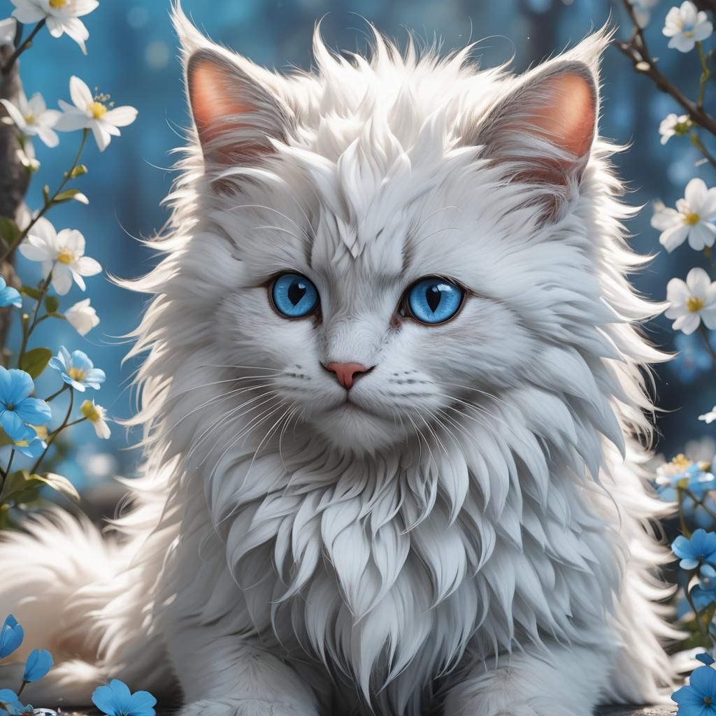 Cute White Fantasy Cat in Anime Style