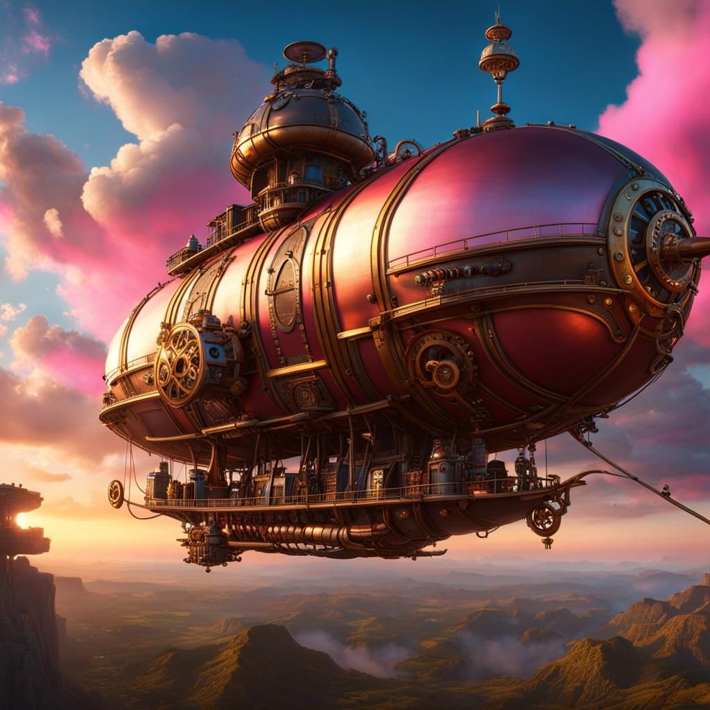 Steampunk Airship and Robot at Sunset