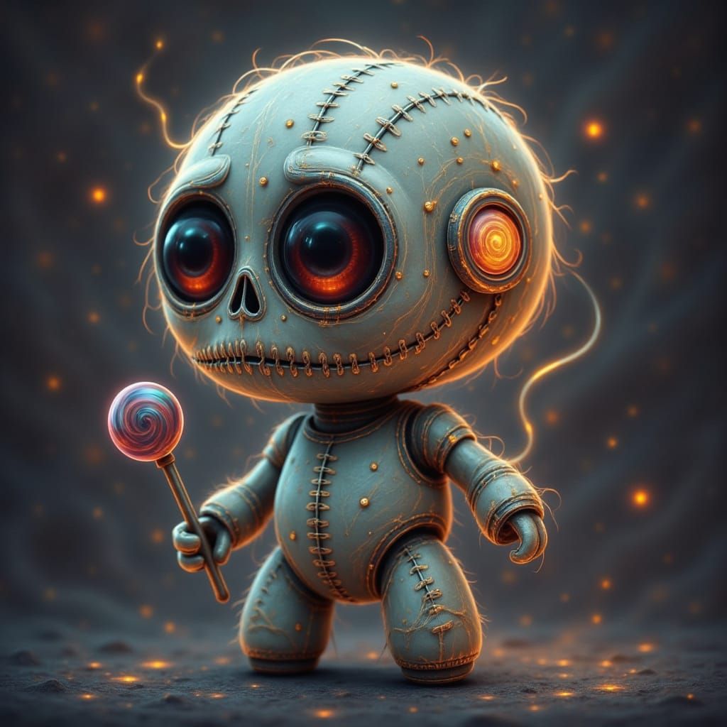 Cute Robot Holds Skull Lollipop