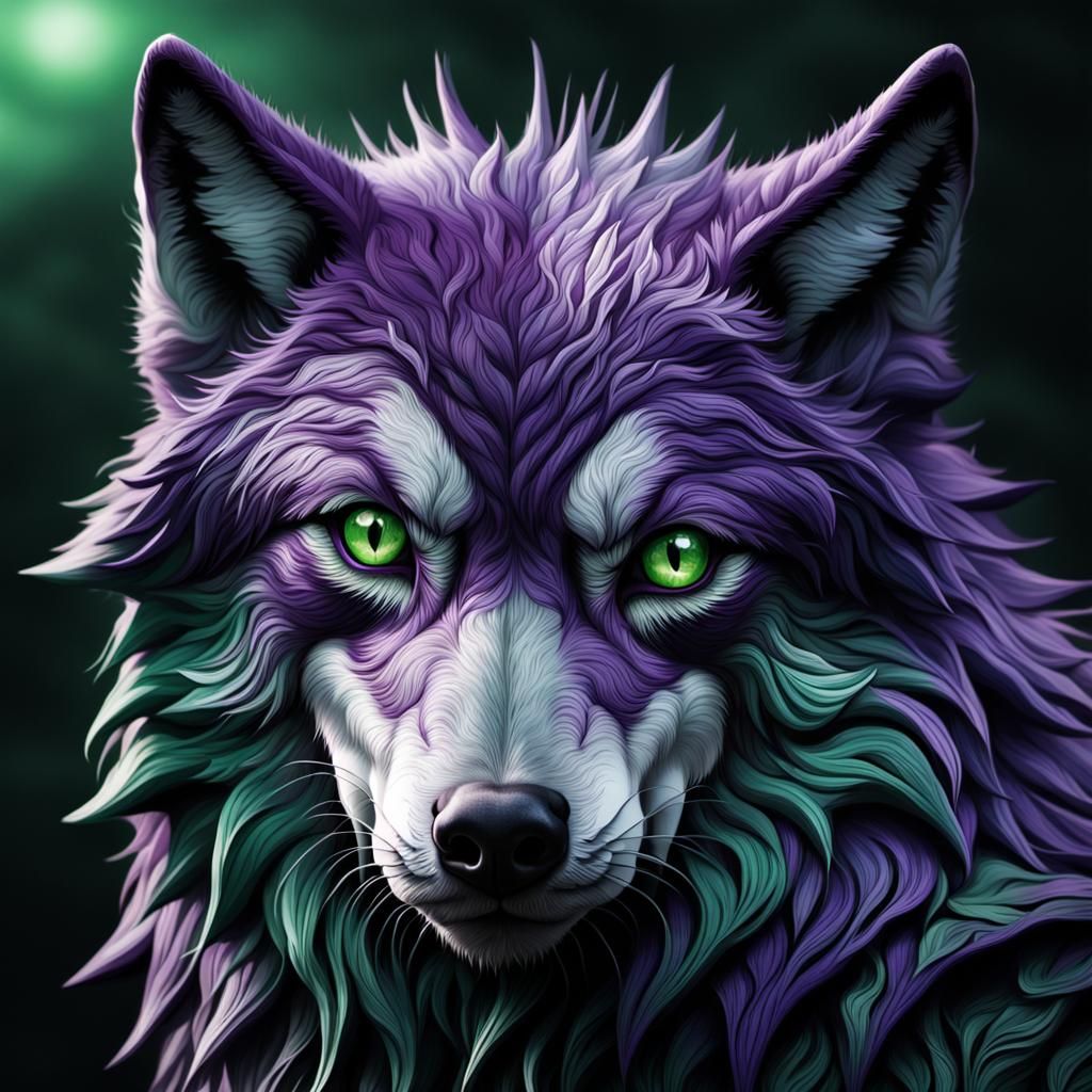 Hyperrealistic Purple Wolf with Green Eyes