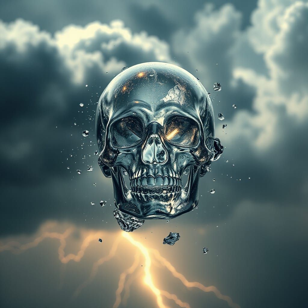 Transparent Crystal Skull in Stormy Sky: Photorealistic Art