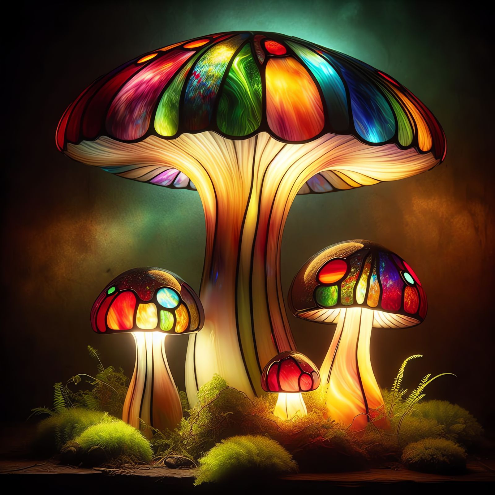 Glowing Mushroom Lamps: Stained Glass Art in Dark Ambiance