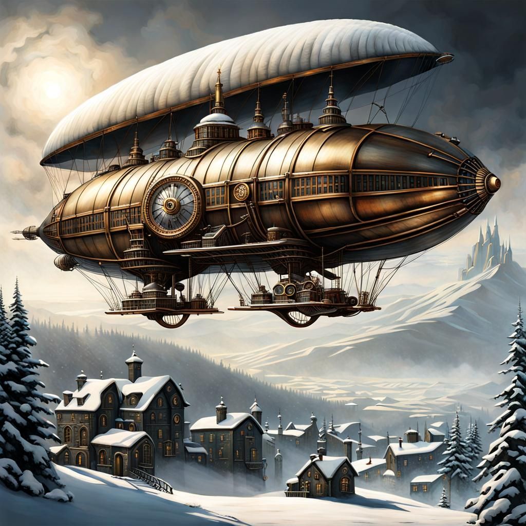 Steampunk Airship Over Snowy City