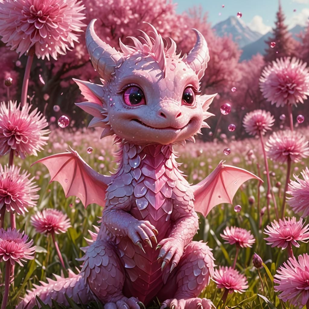 Pastel Anime Dragon-Girl Making Wish on Dandelion