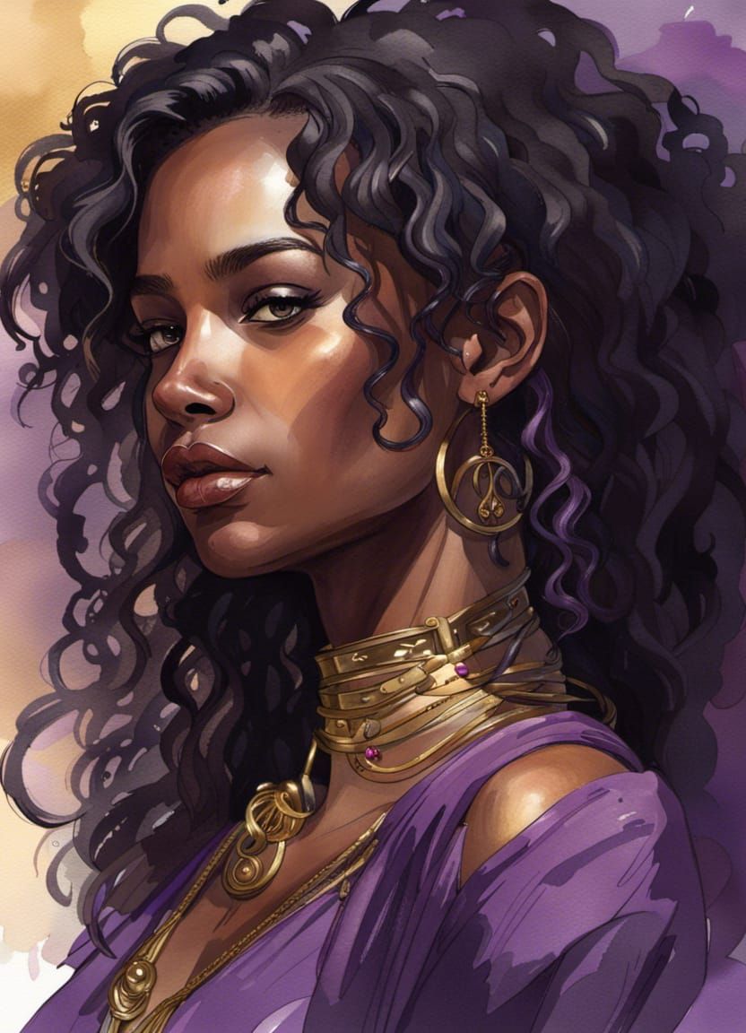 Stunning Woman with Ebony Skin in Watercolor Style