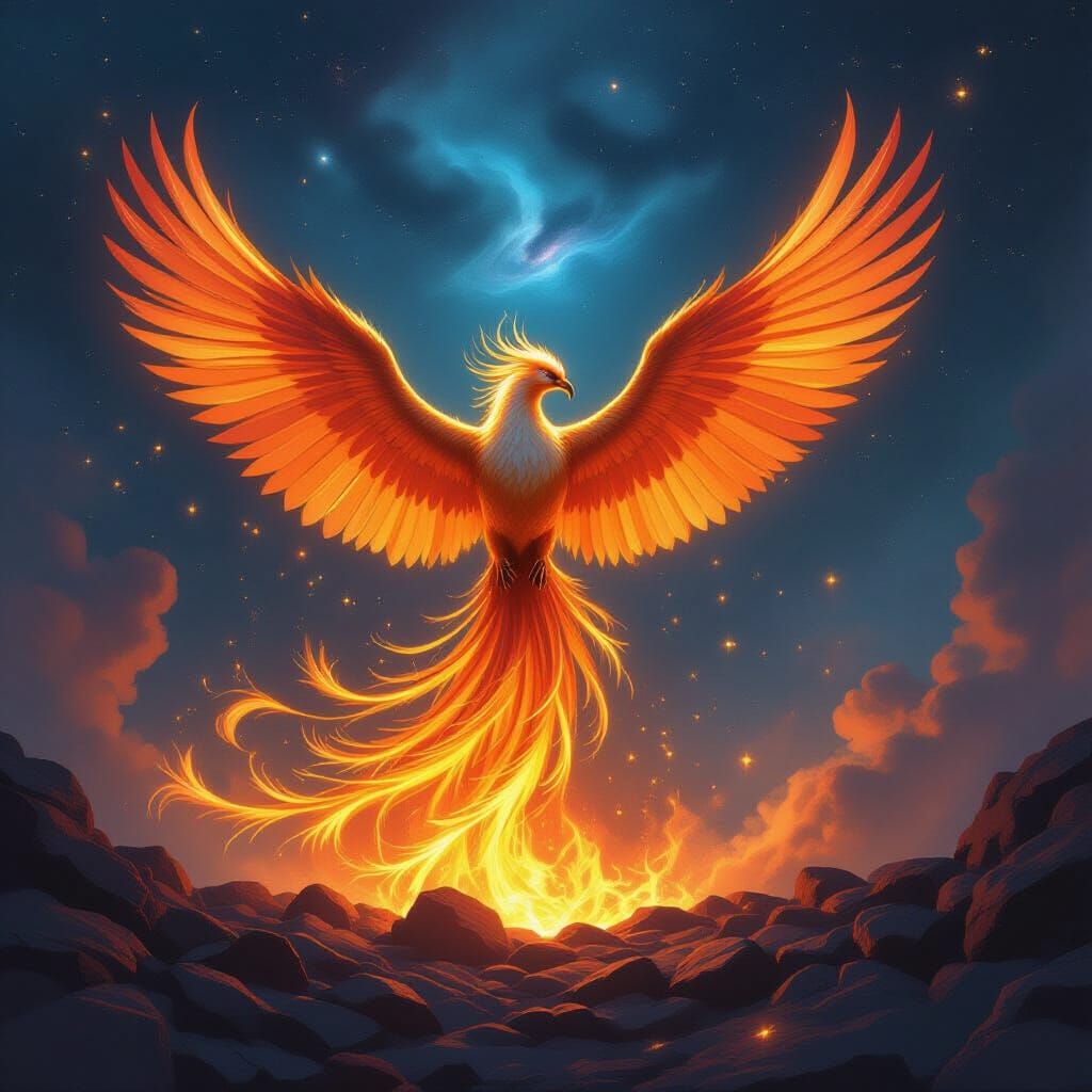 Majestic Phoenix Rises From Embers in Fantasy Art Style