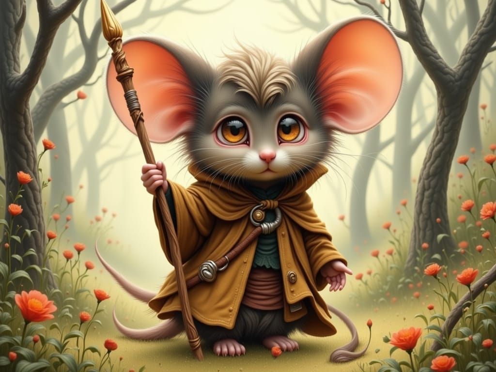 Surprised Quantum Mouse Monk in Fairy Village