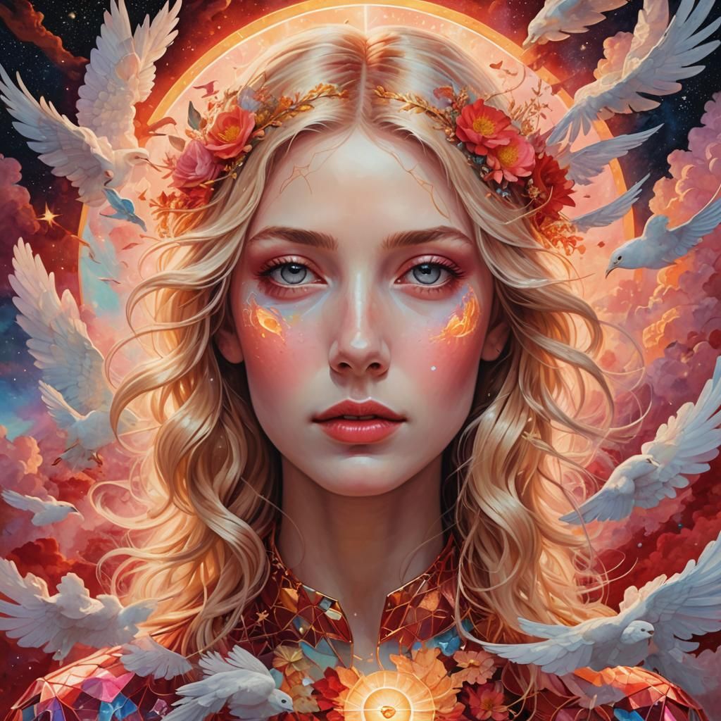 Red Sun and Pink Clouds with Woman, Cosmic Illustration