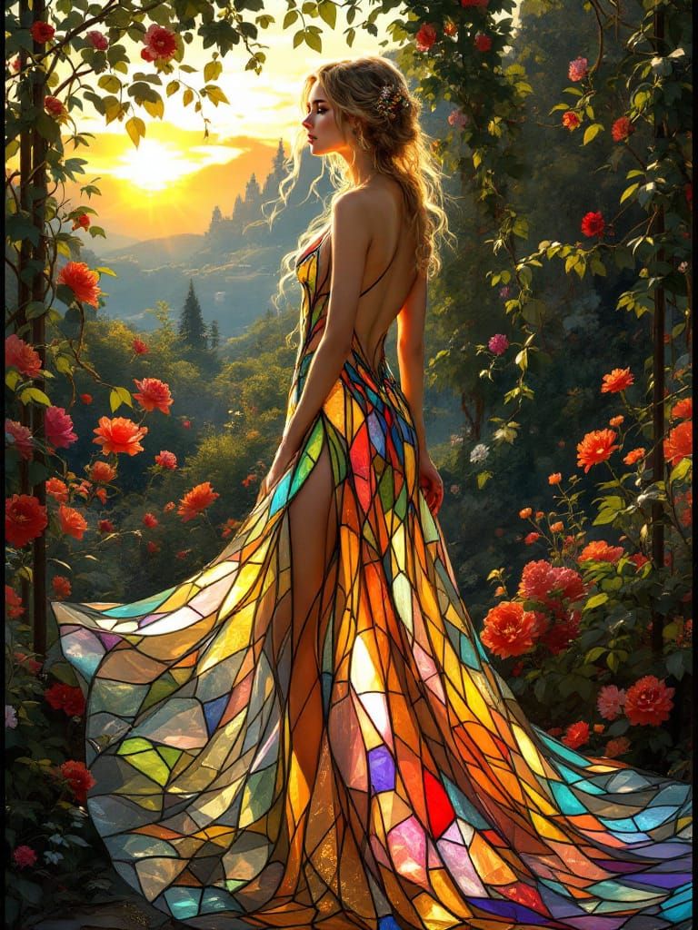 Art Nouveau Woman in Stained-Glass Gown at Sunset