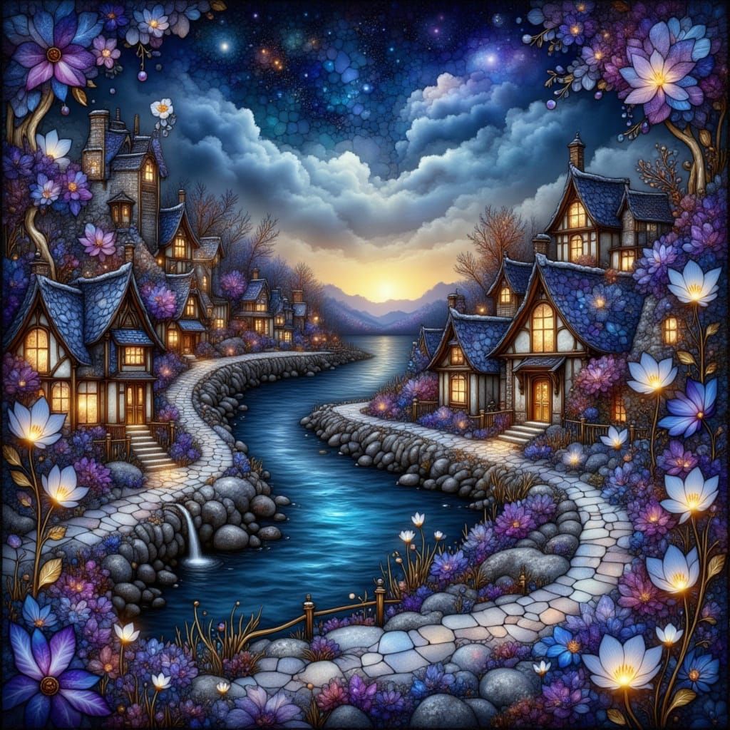 Magical River Village with Dancing Stars and Flowers