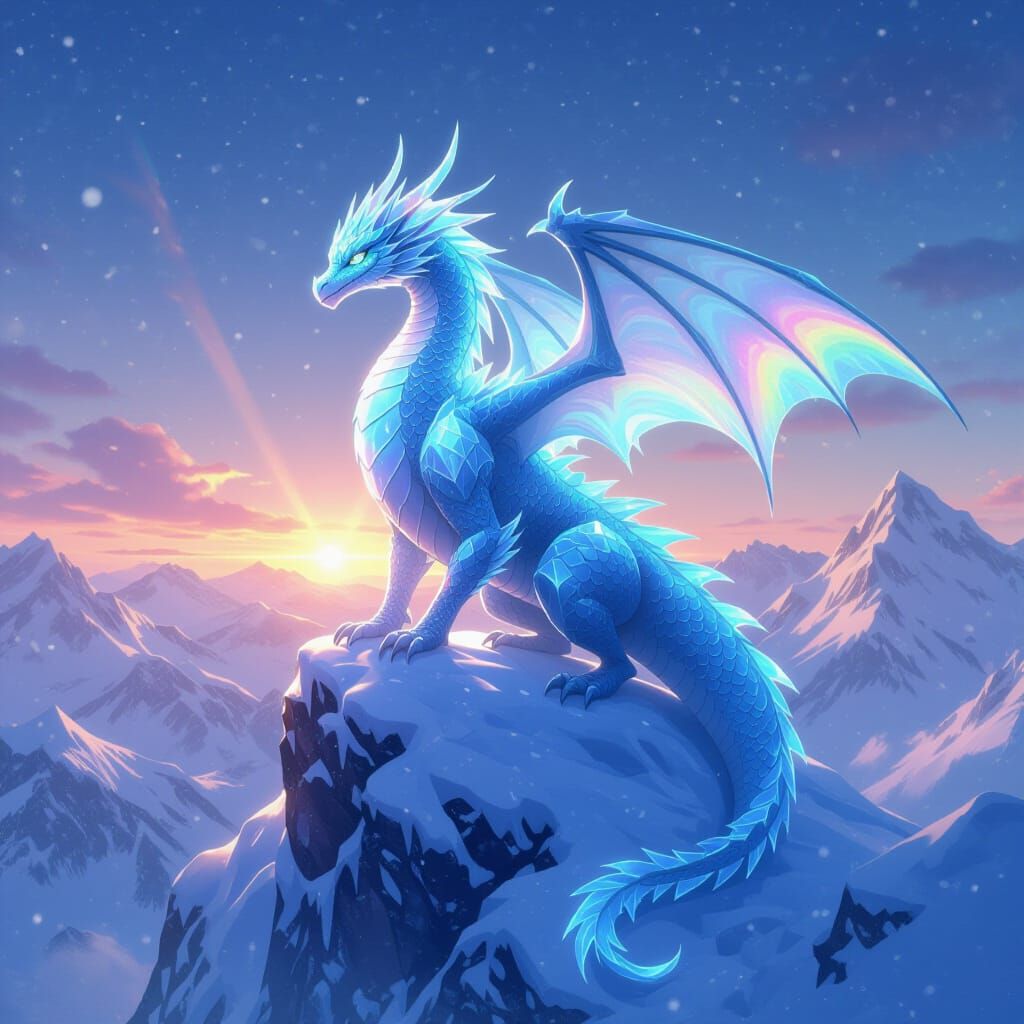 Ice Dragon on Frozen Peak at Dawn