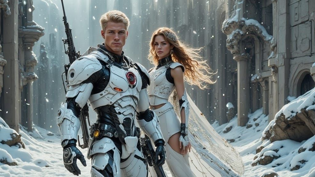 Cyberpunk Warrior in Snowy Ruins, Feminine Strength and Futu...