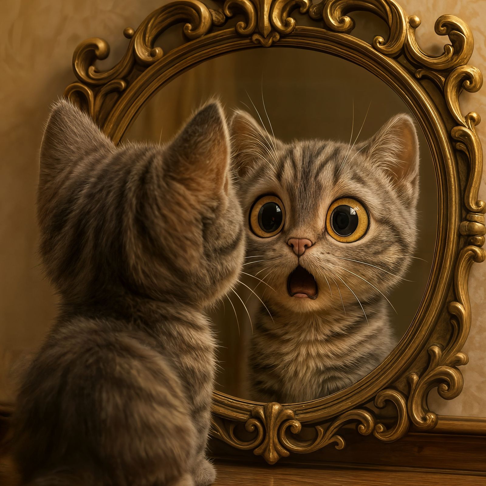 Surprised Kitten Gazes at Reflection: CGI Cartoon